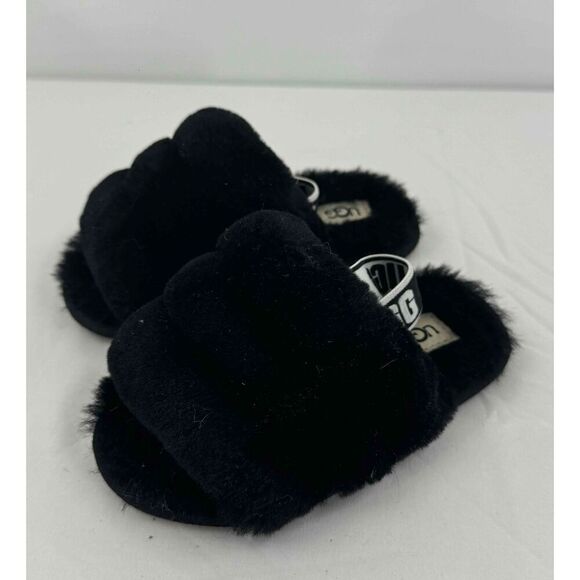 UGG Black Open‎ Toe Faux Fur Slippers Kids Size US 8 - Picture 2 of 5